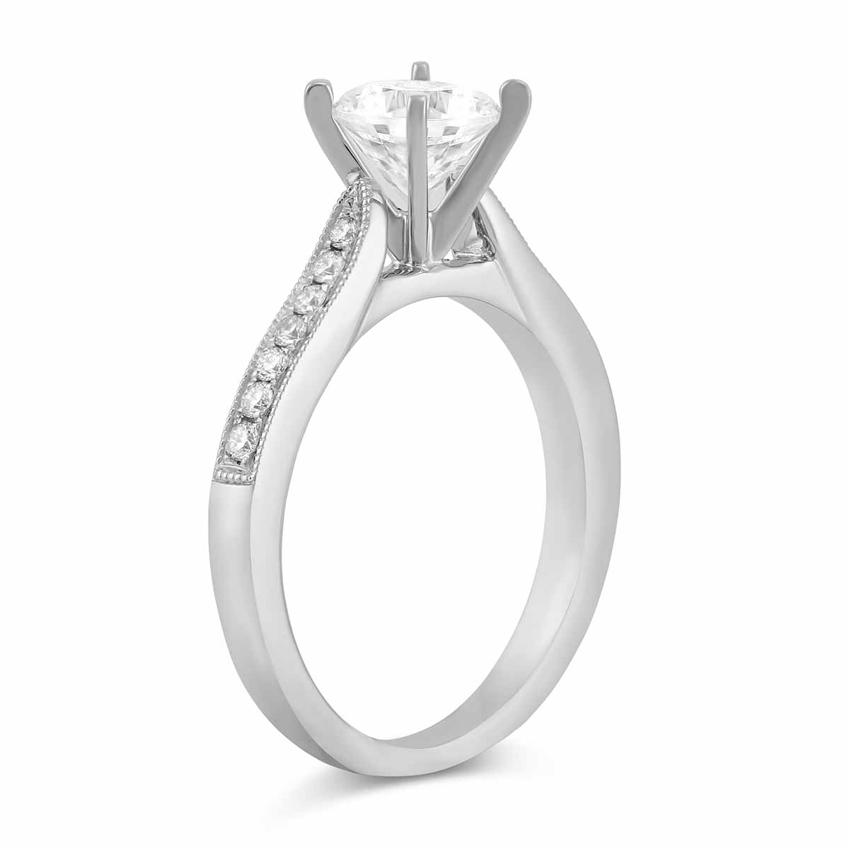 White Gold Prong Set Round Diamond Ring Setting With Milgrain Edge Detail