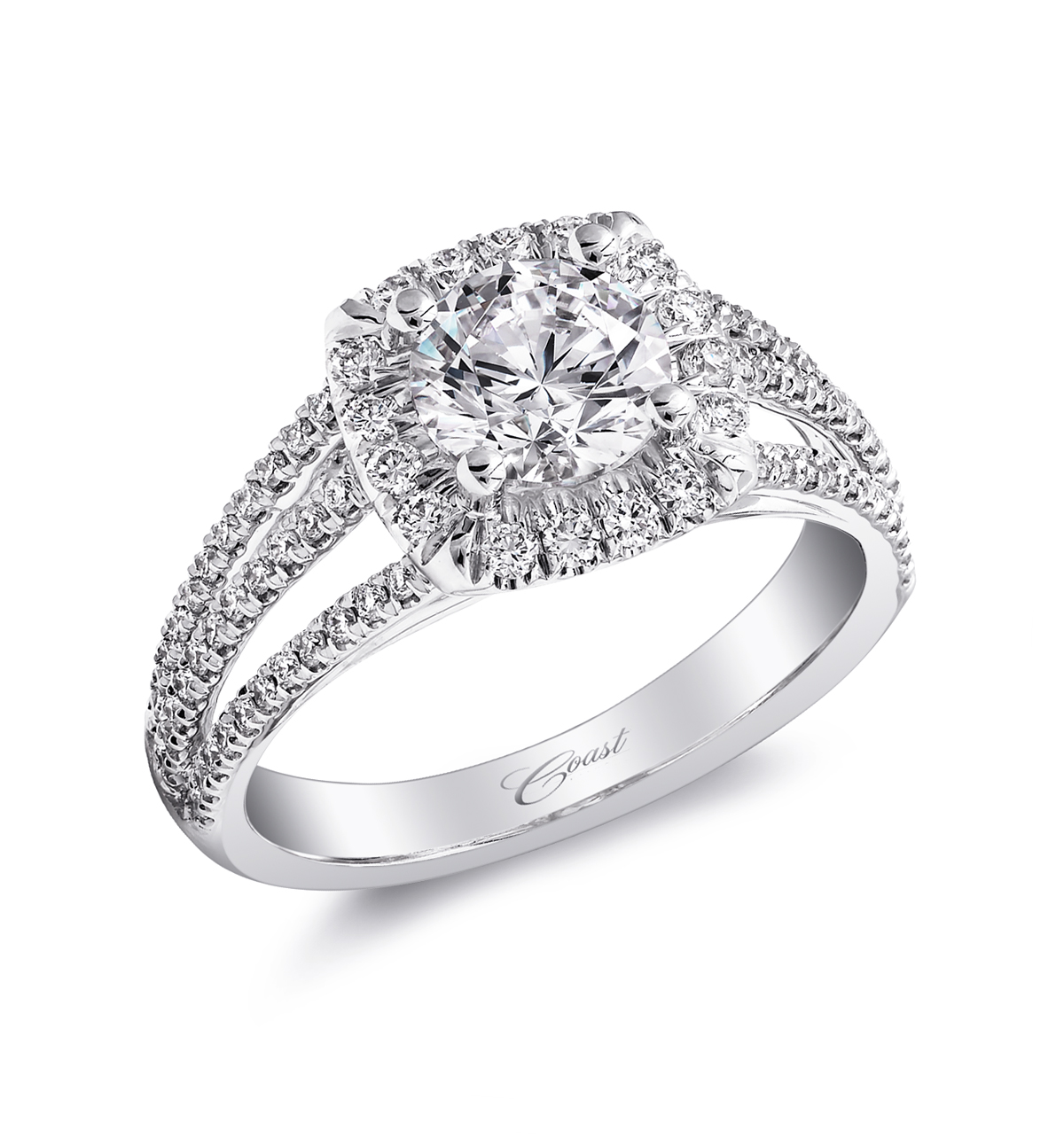 14K White Gold Diamond Halo 3 Row Split Shank Ring Setting