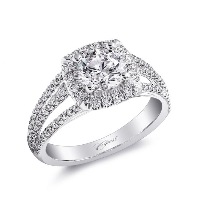14K White Gold Diamond Halo 3 Row Split Shank Ring Setting