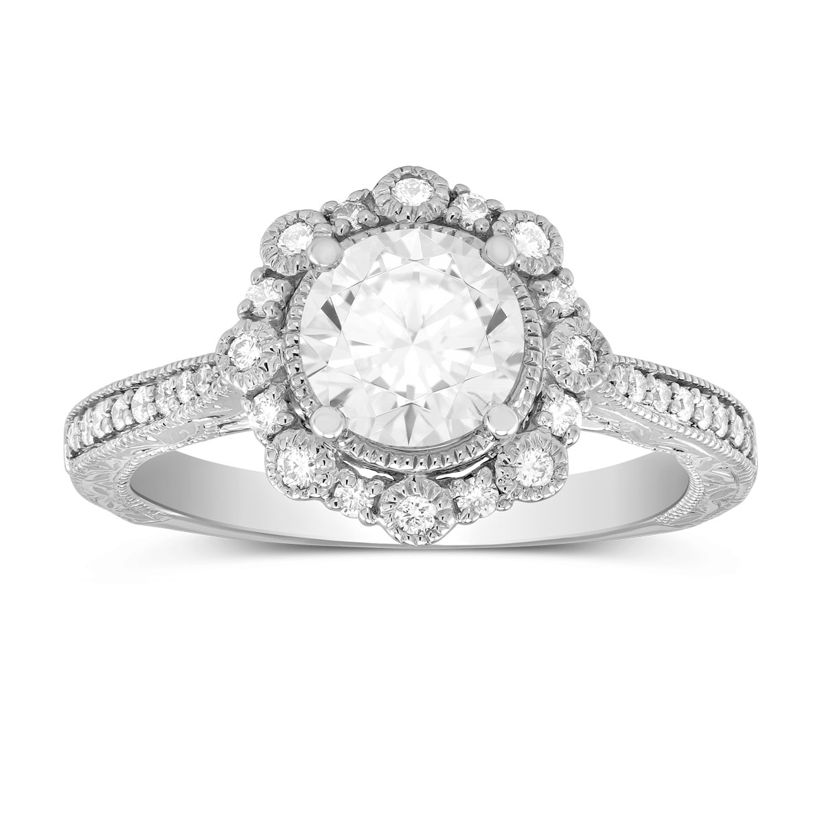 14K White Gold Floral Diamond Halo Ring Setting