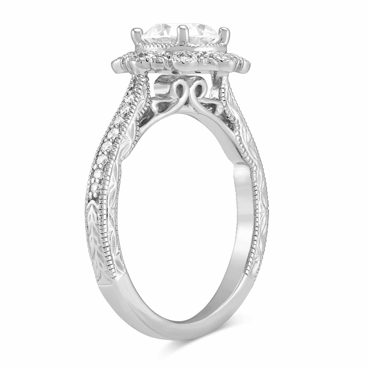14K White Gold Floral Diamond Halo Ring Setting