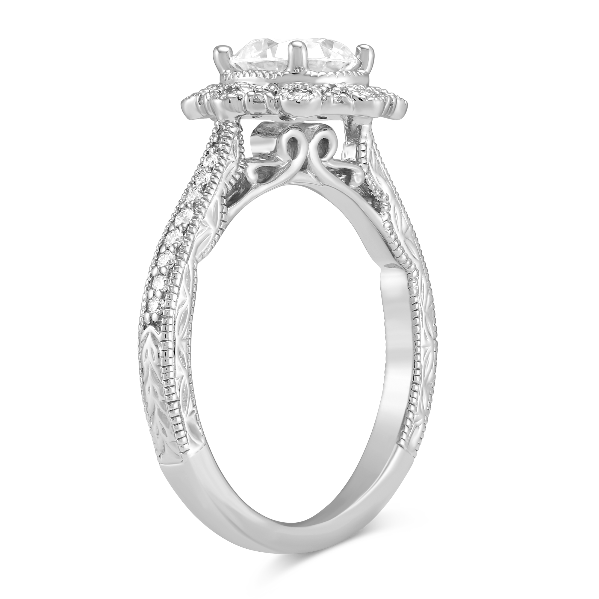 14K White Gold Floral Diamond Halo Ring Setting