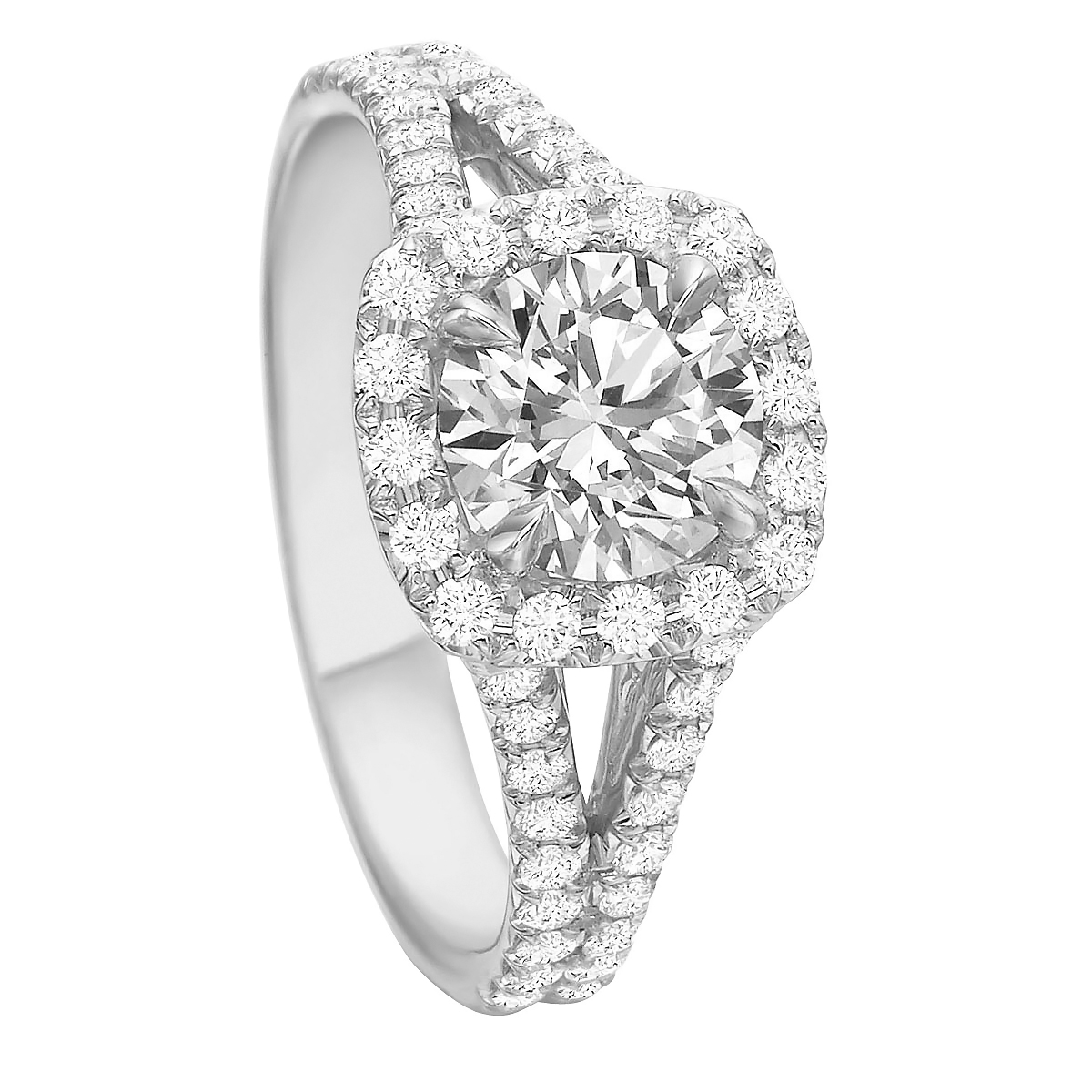Diamond Cushion Halo & Split Shank Ring Setting in White Gold