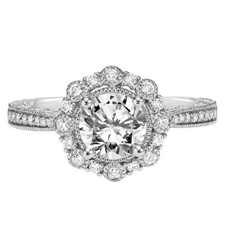 Diamond Milgrain Halo & Side Stone Engraved Vintage Style Engagement Ring Setting in White Gold