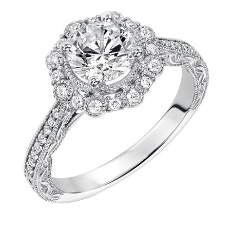 Diamond Milgrain Halo & Side Stone Engraved Vintage Style Engagement Ring Setting in White Gold