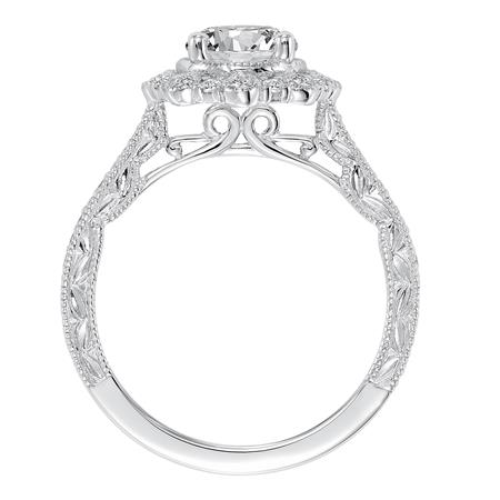 Diamond Milgrain Halo & Side Stone Engraved Vintage Style Engagement Ring Setting in White Gold