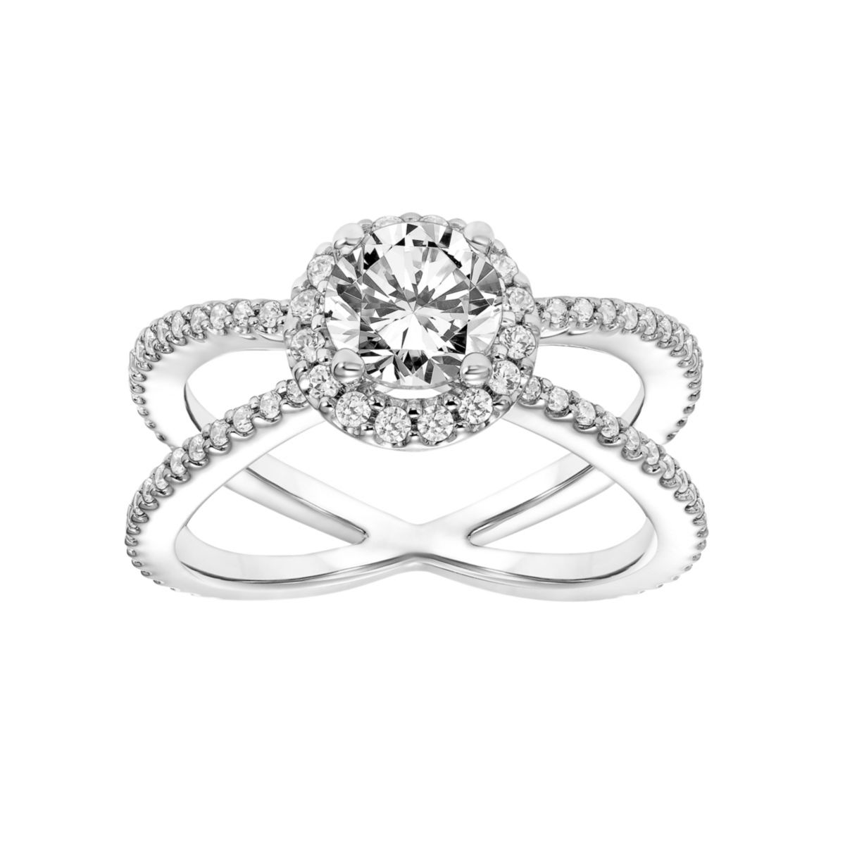 14K White Gold Diamond Halo With X-Shape Diamond Shank Ring Setting