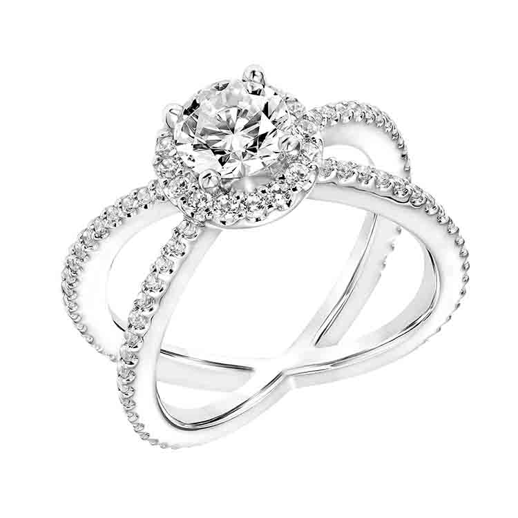 14K White Gold Diamond Halo With X-Shape Diamond Shank Ring Setting