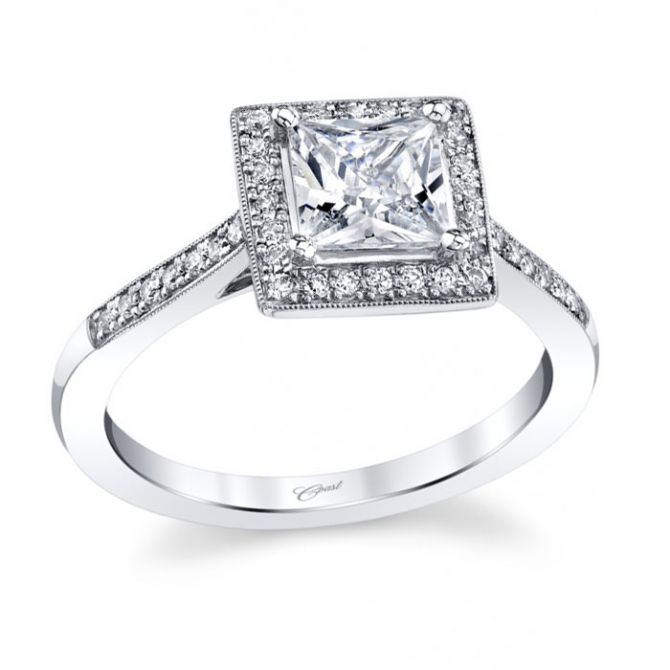 14K White Gold Princess Cut Diamond Halo Milgrain Ring Setting