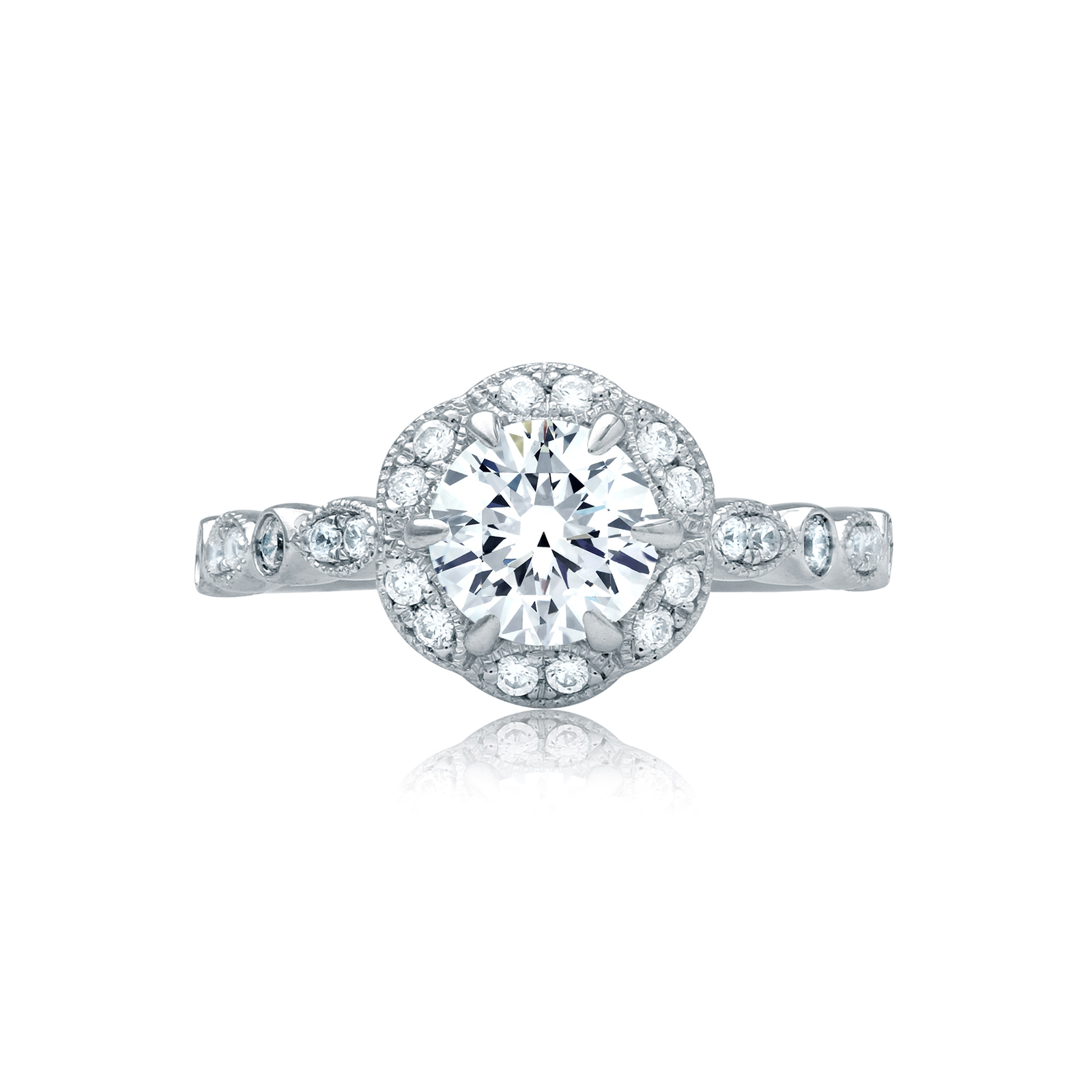 A. Jaffe 14K White Gold Diamond Scalloped Milgrain Halo & Shank Ring Setting, 0.31aptw