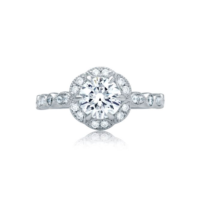 A. Jaffe 14K White Gold Diamond Scalloped Milgrain Halo & Shank Ring Setting, 0.31aptw