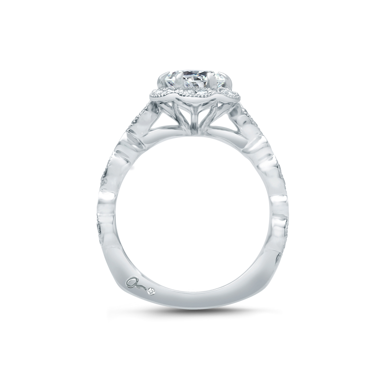 A. Jaffe 14K White Gold Diamond Scalloped Milgrain Halo & Shank Ring Setting, 0.31aptw