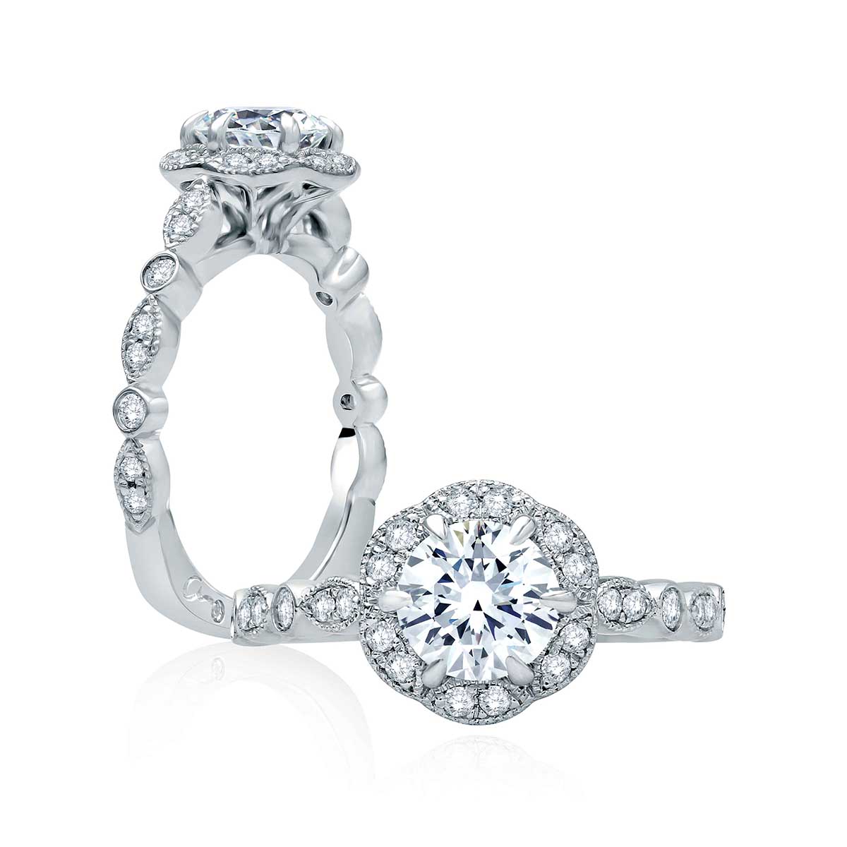 A. Jaffe 14K White Gold Diamond Scalloped Milgrain Halo & Shank Ring Setting, 0.31aptw
