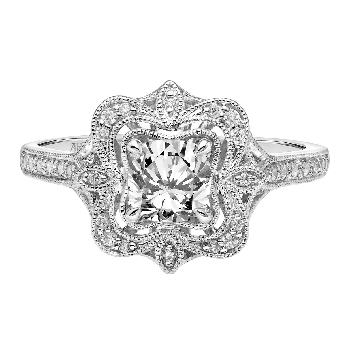ArtCarved Helena Ring Setting with Diamond Milgrain Halo & Shank in White Gold