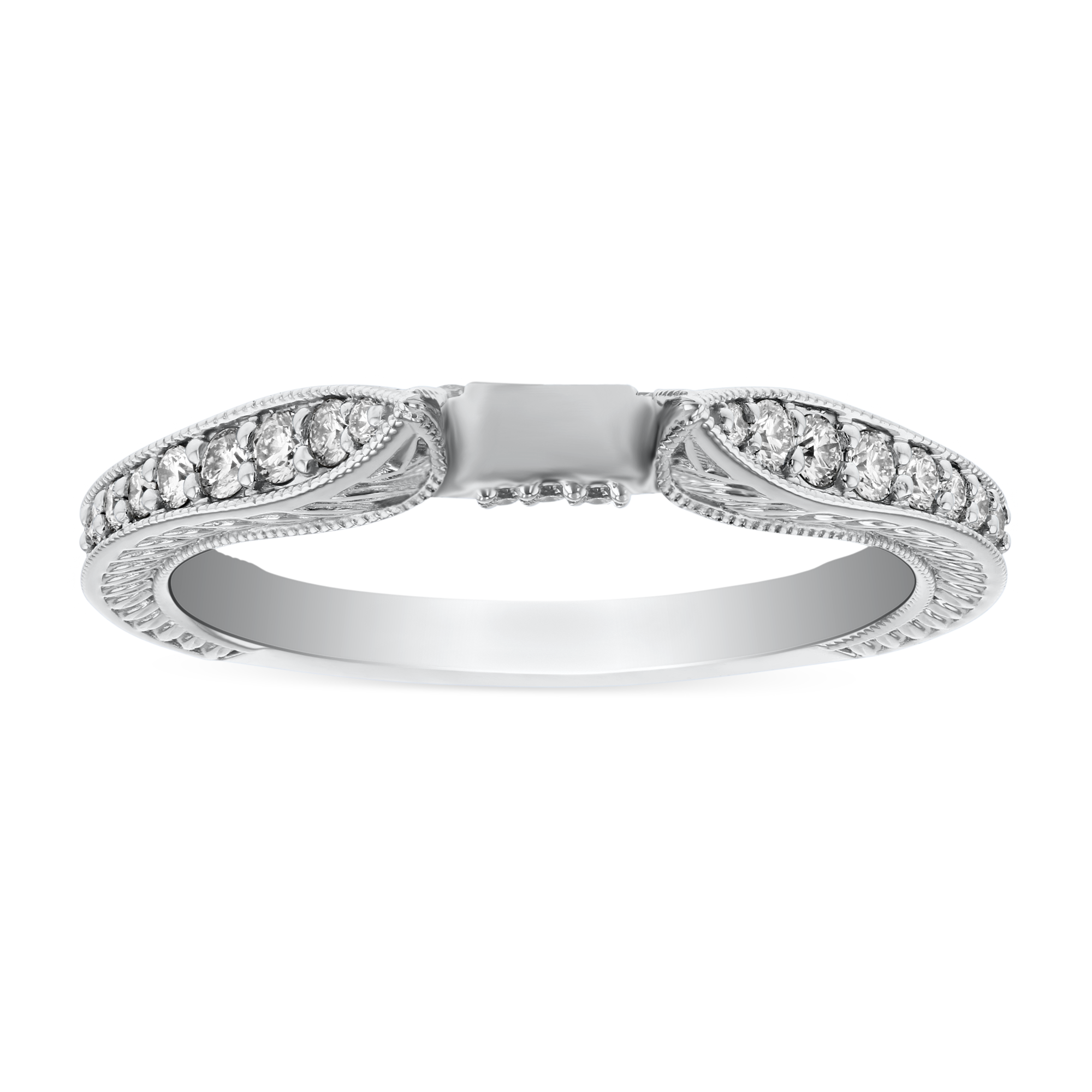Diamond Milgrain Patterned Shank Ring Setting in White Gold