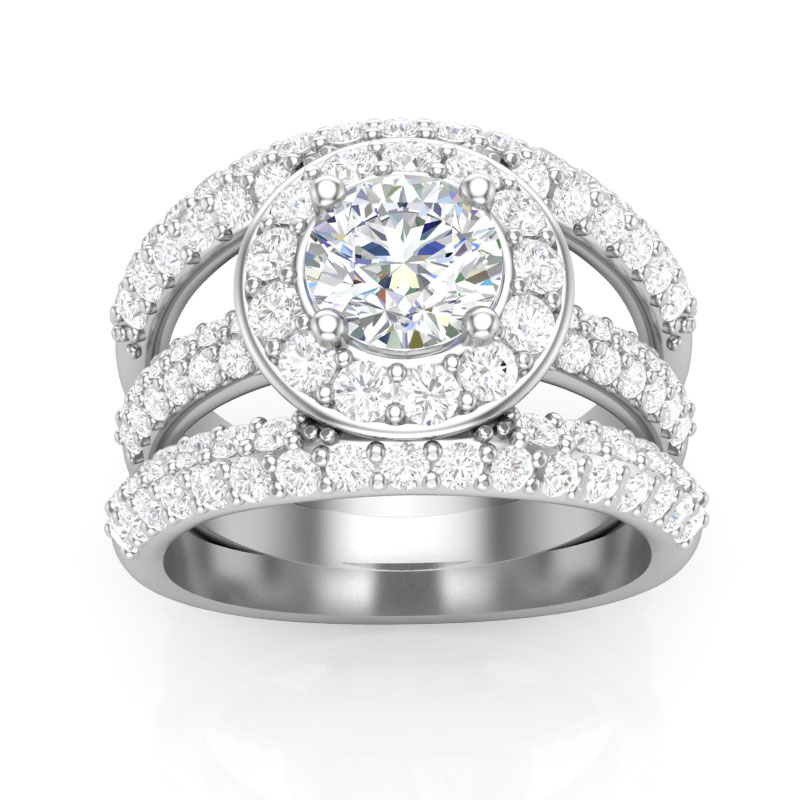 Diamond Ring Setting with Halo & 3 Row Pavé Open Shank in White Gold