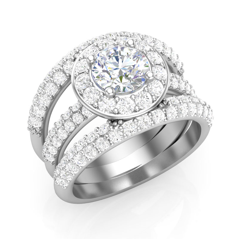 Diamond Ring Setting with Halo & 3 Row Pavé Open Shank in White Gold