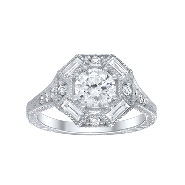 White Gold Baguette & Round Diamond Patterned Octagonal Halo Ring Setting