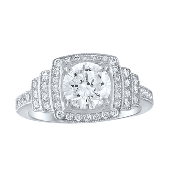 14K White Gold Diamond Cushion Stairstep Milgrain Halo Ring Setting