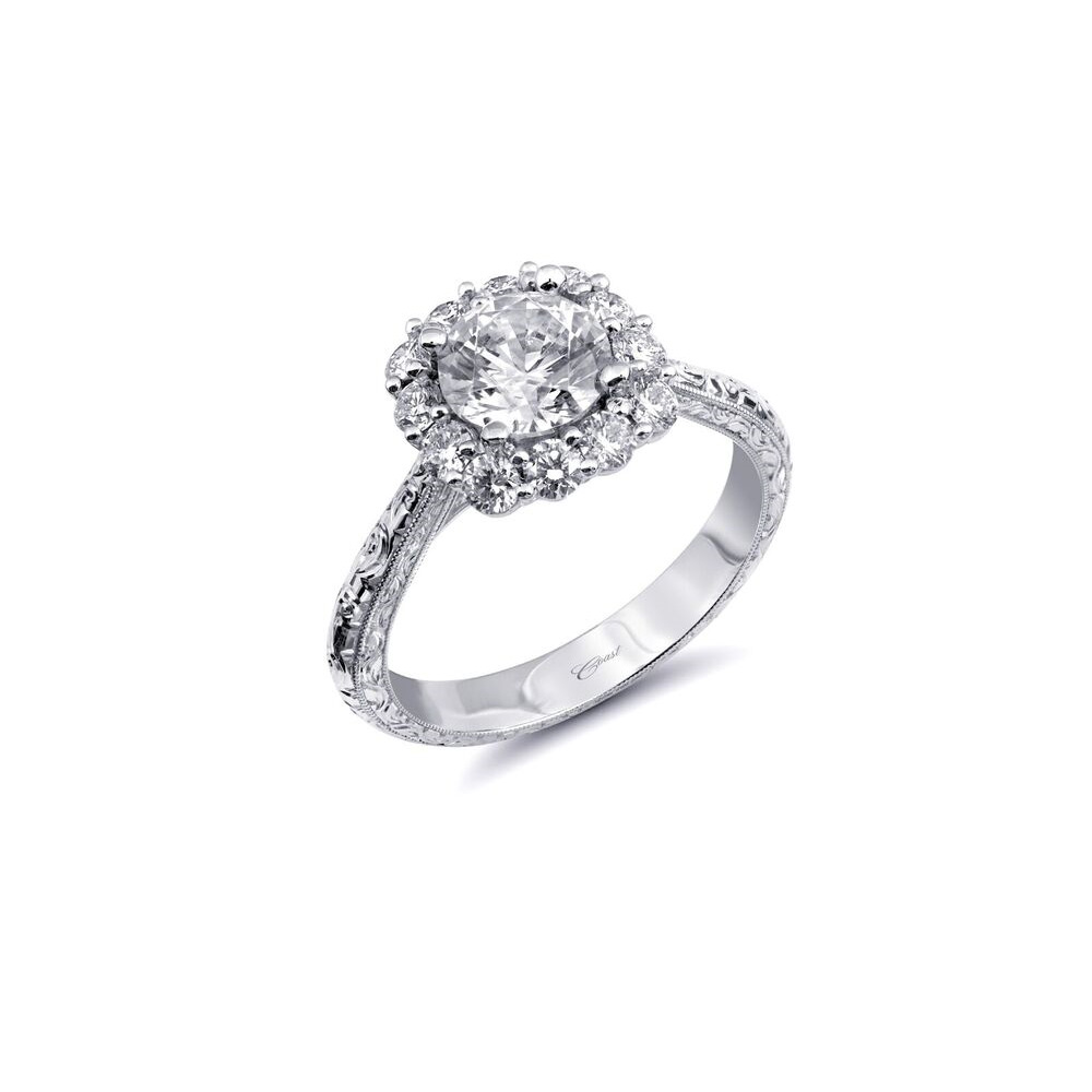 14K White Gold Scalloped Square Halo Ring Setting with Milgrain & Filigree Shank