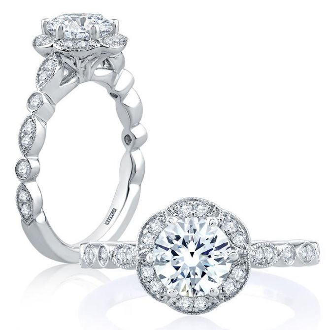 A. Jaffe Marquise Milgrain Patterned Halo Ring Setting in White Gold