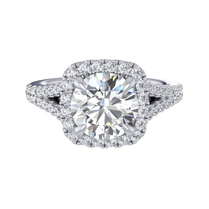 14K White Gold Ring Setting with Diamond Cushion Halo and Split Shank