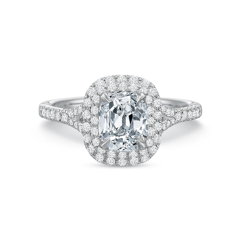 18K White Gold Diamond Double Cushion Halo Ring Setting with Diamond Split Shank