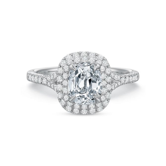 18K White Gold Diamond Double Cushion Halo Ring Setting with Diamond Split Shank
