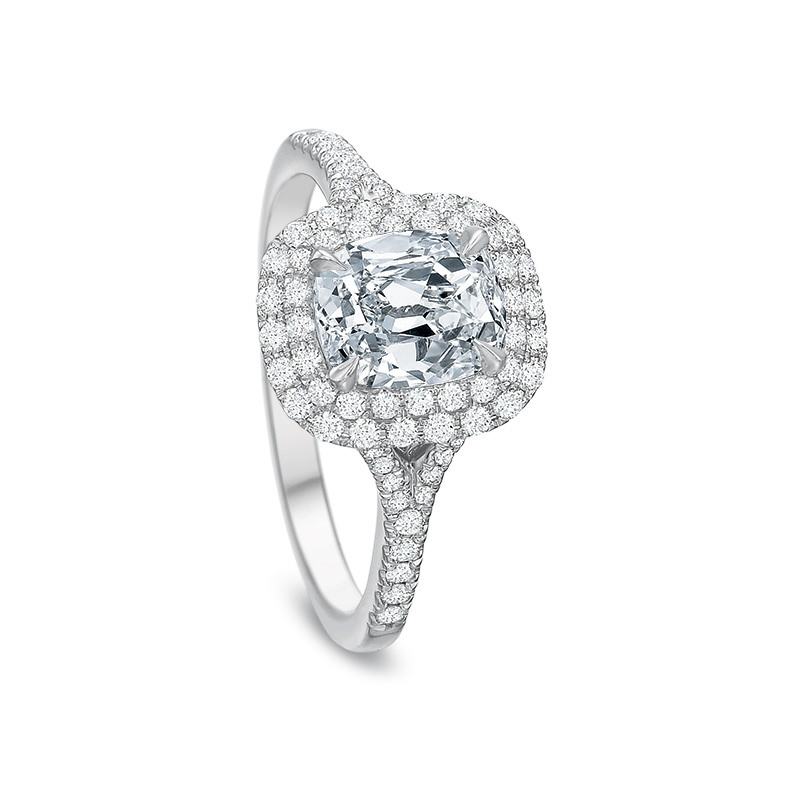 18K White Gold Diamond Double Cushion Halo Ring Setting with Diamond Split Shank