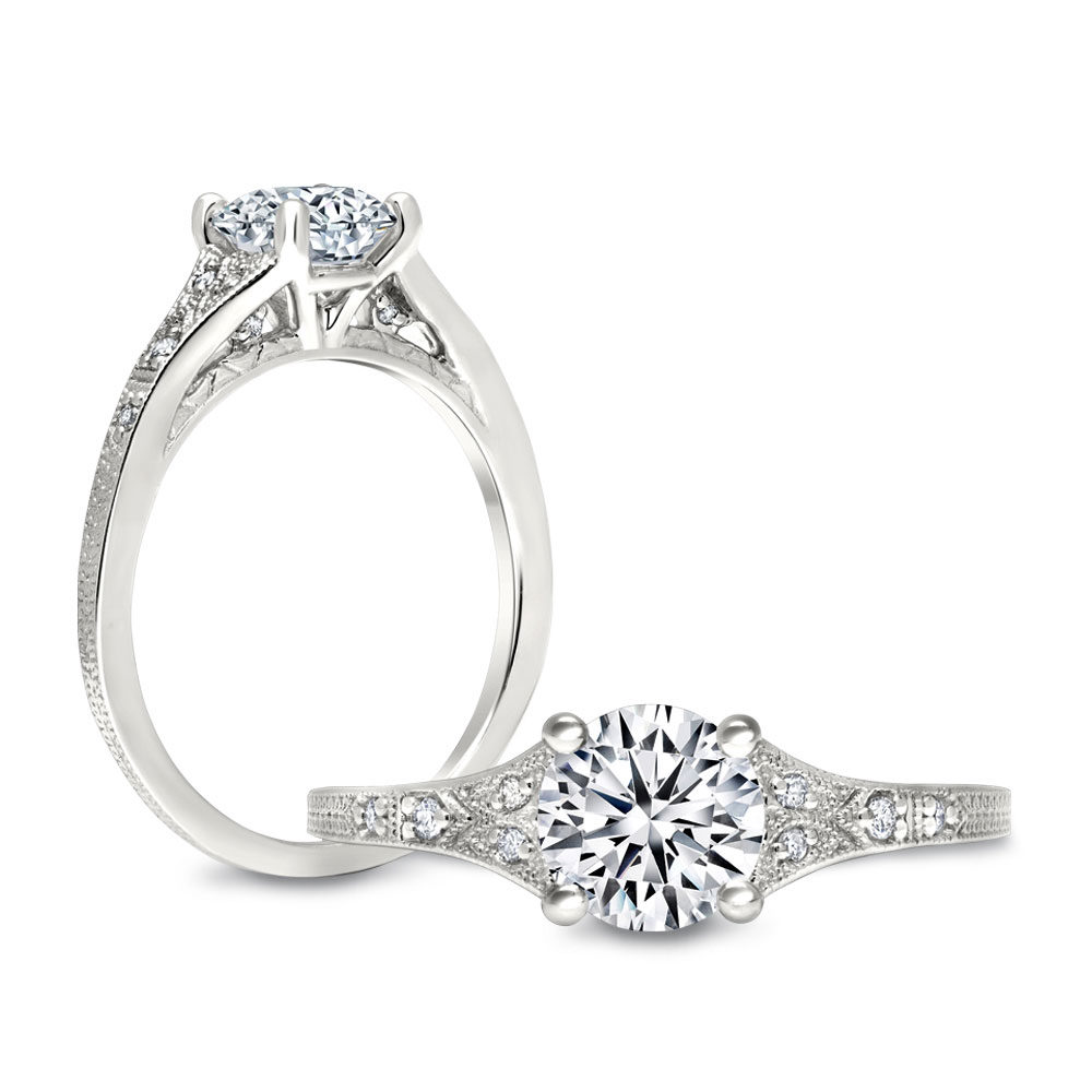 Peter Storm Diamond & Milgrain Vintage Patterned Engagement Ring Setting in White Gold