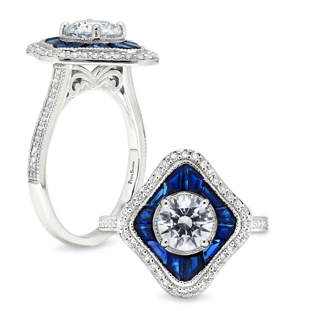 Peter Storm Sapphire & Diamond Trapezoid Halo Engagement Ring Setting in White Gold