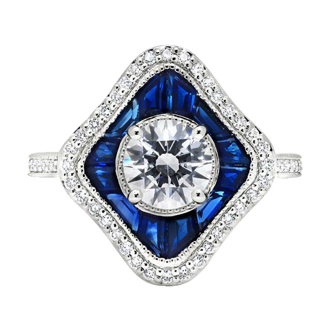 Peter Storm Sapphire & Diamond Trapezoid Halo Engagement Ring Setting in White Gold