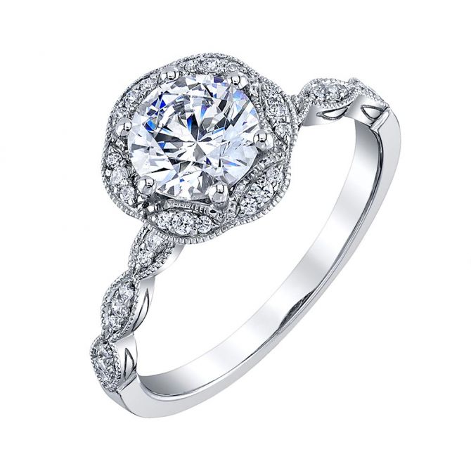 Diamond & Milgrain Pattern Halo Engagement Ring Setting in White Gold