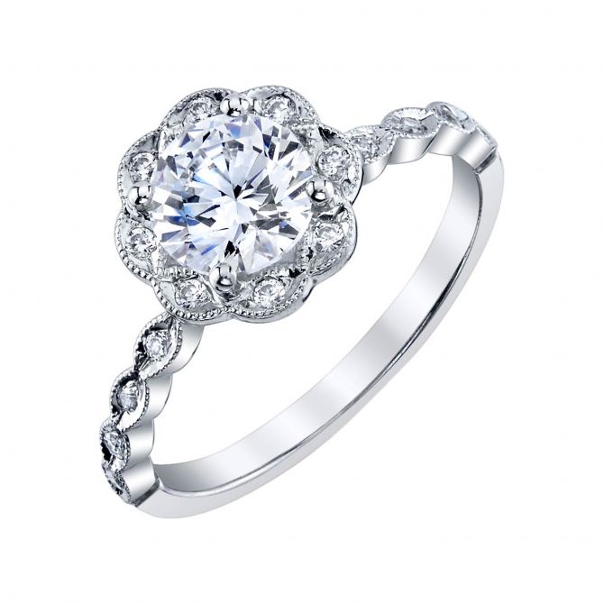 Diamond & Milgrain Scalloped Halo Engagement Ring Setting in White Gold