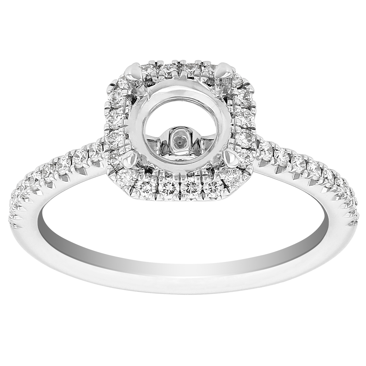 Diamond Ring Setting with Cushion Shaped Halo & Pave Sides in White Gold