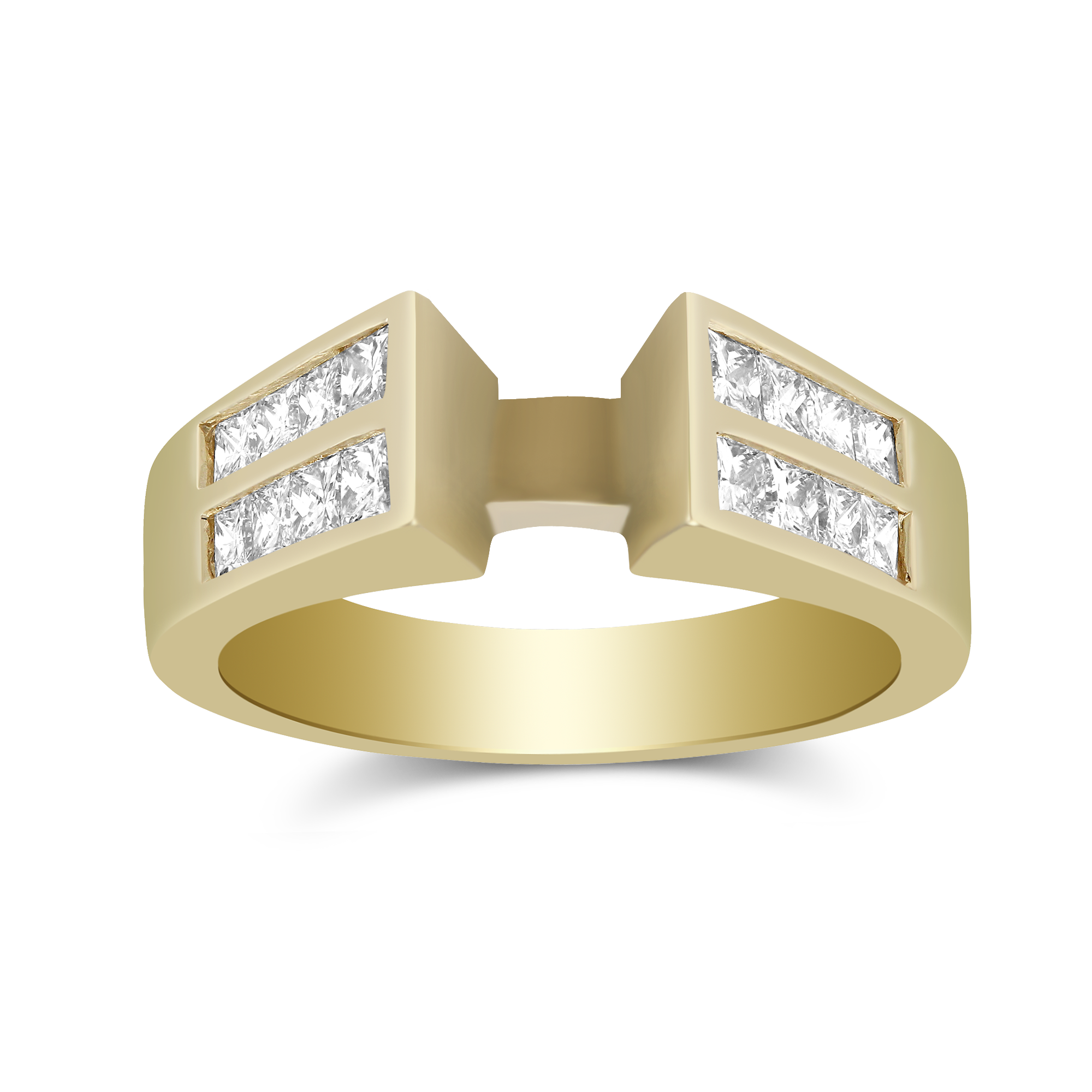 Yellow Gold Double Channel Set Princess Cut Diamond Cathedral Style Ring Setting