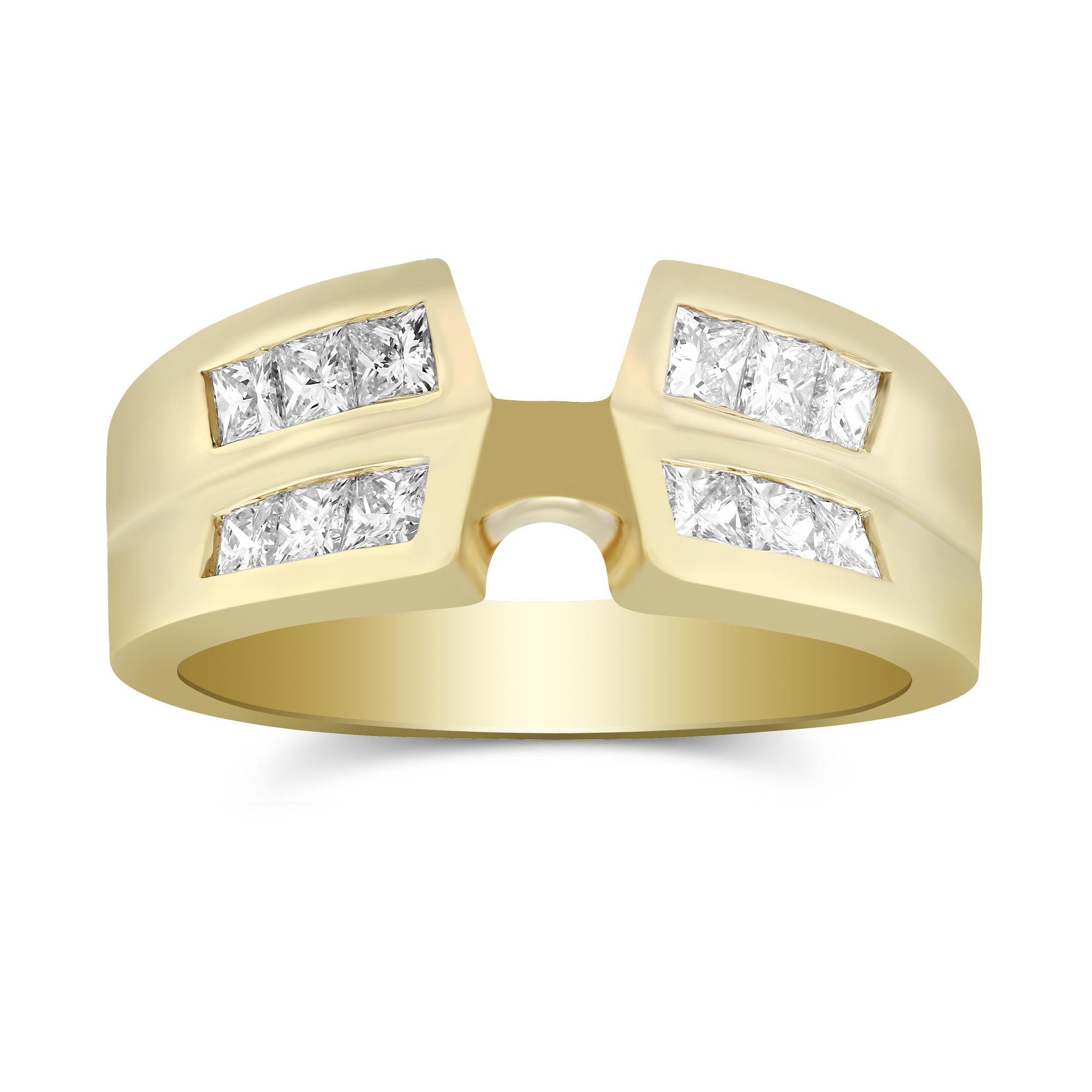 Yellow Gold Double Concave Double Channel Set Princess Cut Diamond Ring Setting