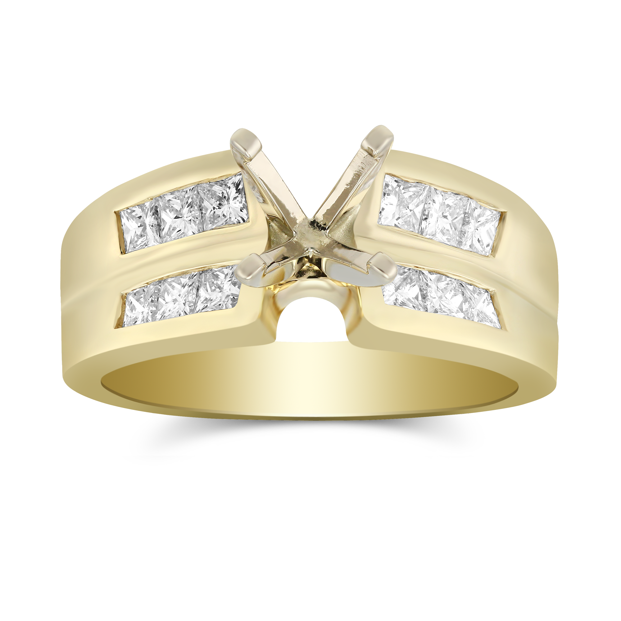 Yellow Gold Double Concave Double Channel Set Princess Cut Diamond Ring Setting