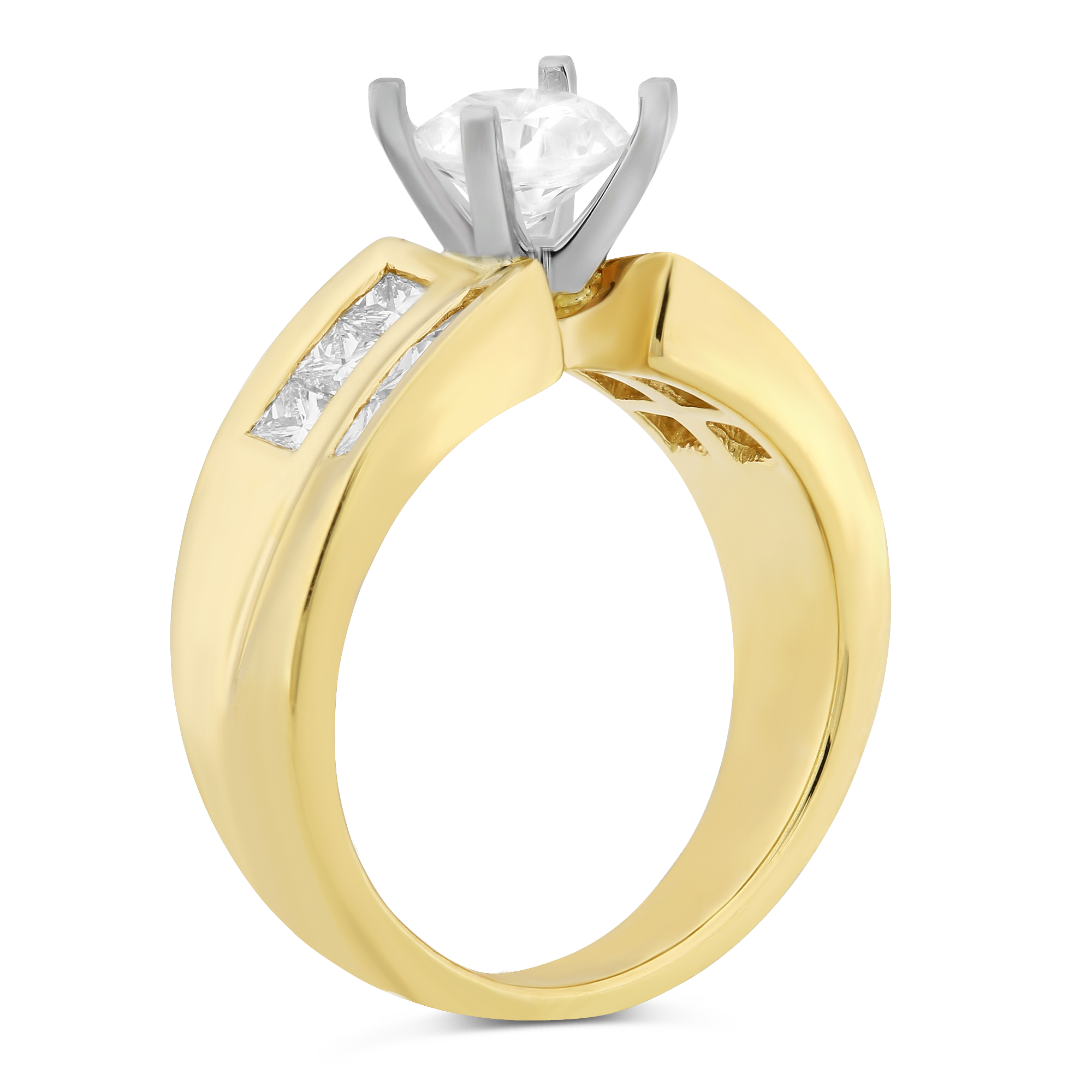 Yellow Gold Double Concave Double Channel Set Princess Cut Diamond Ring Setting