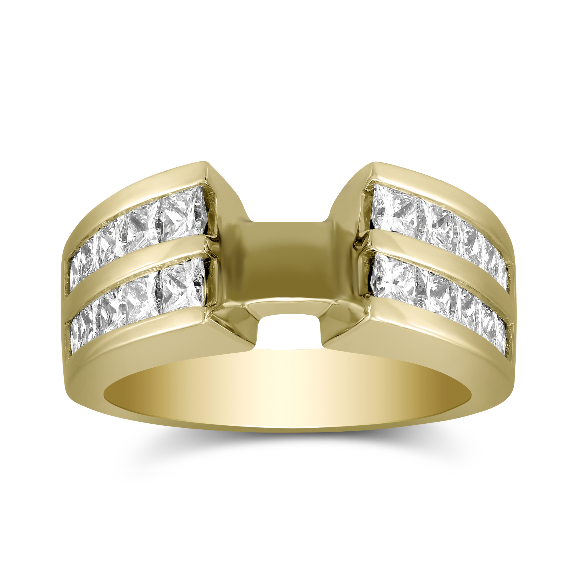 Yellow Gold Double Channel Set Princess Cut Low Cathedral Style Diamond Ring Setting