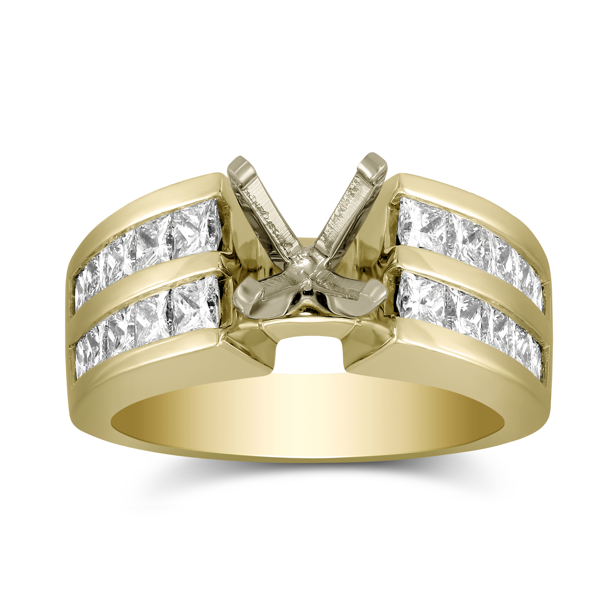Yellow Gold Double Channel Set Princess Cut Low Cathedral Style Diamond Ring Setting
