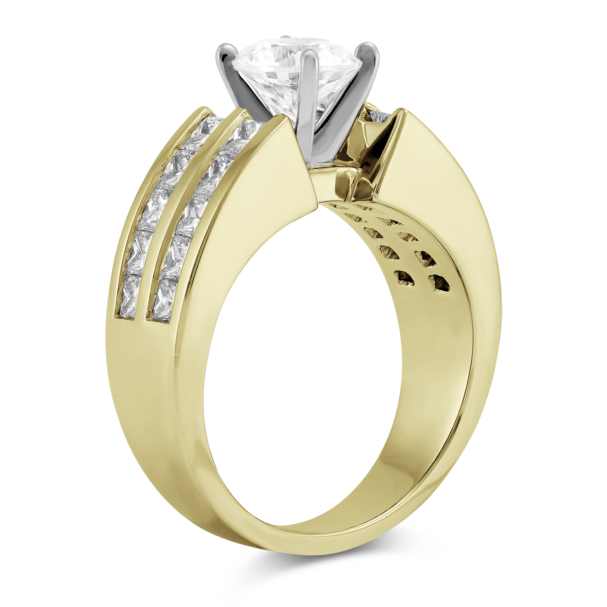 Yellow Gold Double Channel Set Princess Cut Low Cathedral Style Diamond Ring Setting