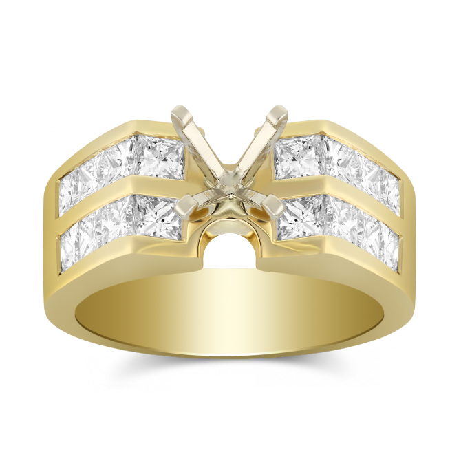Yellow Gold Double Channel Set Princess Cut Diamond Ring Setting