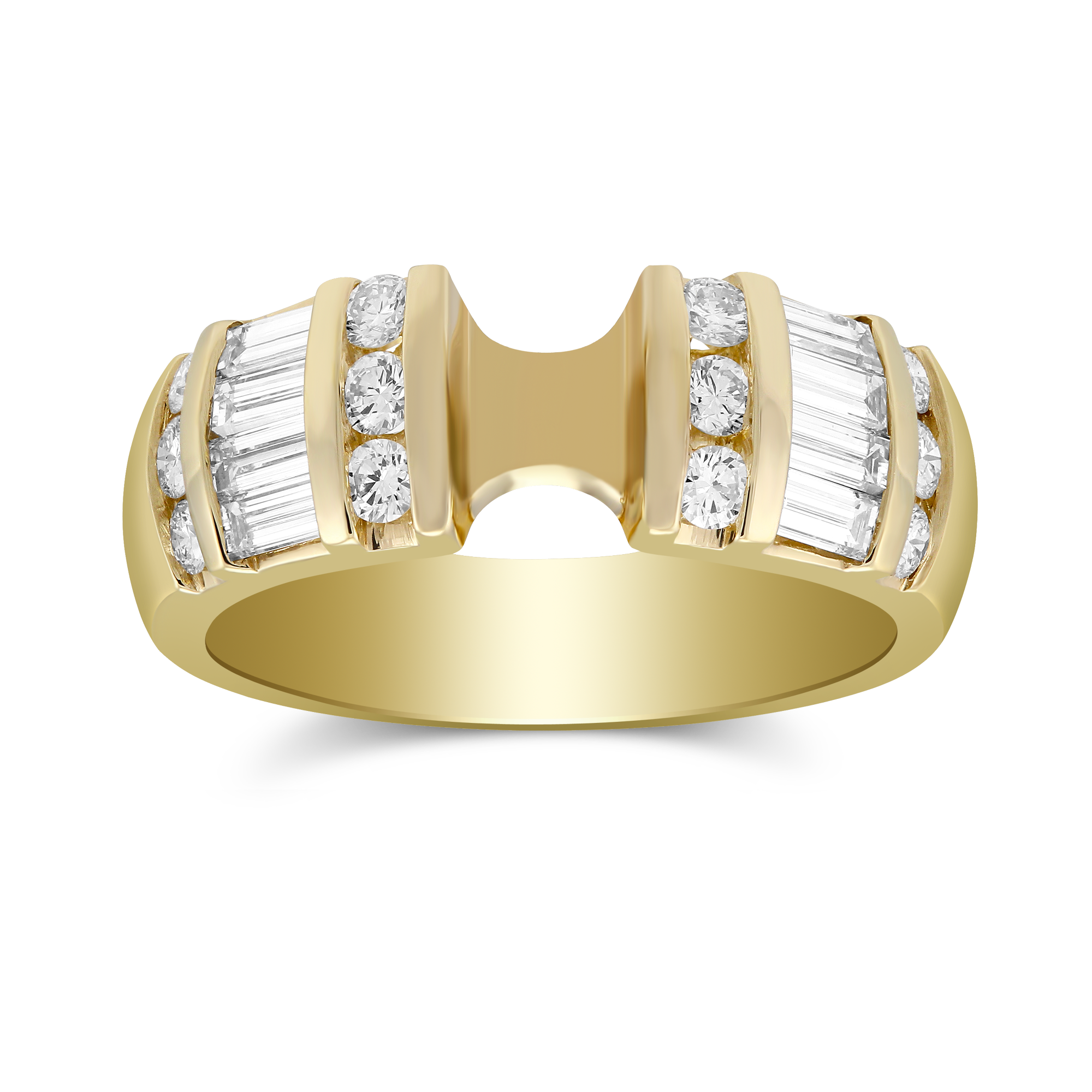 Yellow Gold Vertical Channel Set Round and Baguette Damond Ring Setting