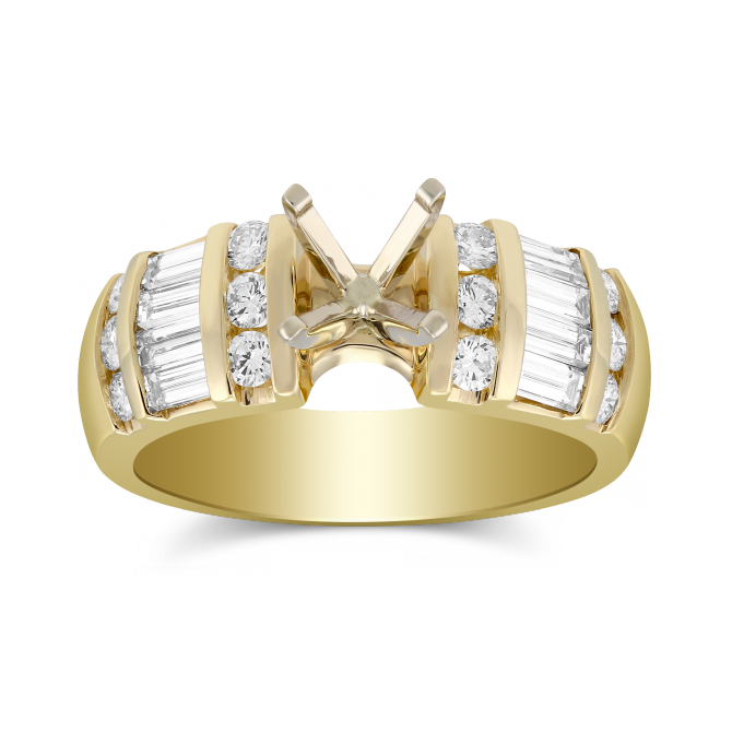 Yellow Gold Vertical Channel Set Round and Baguette Damond Ring Setting