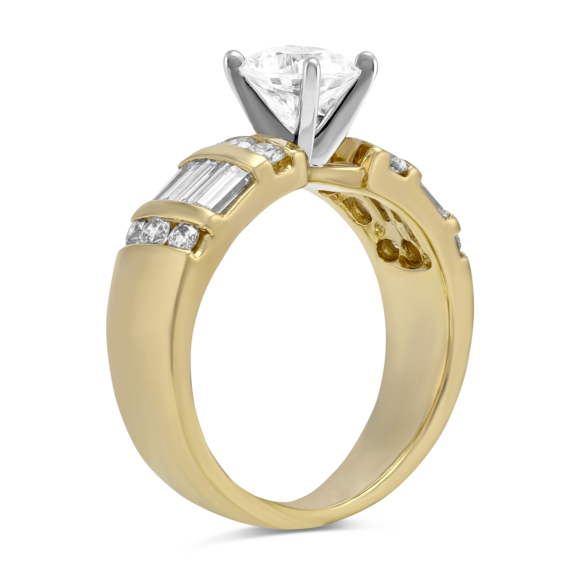 Yellow Gold Vertical Channel Set Round and Baguette Damond Ring Setting