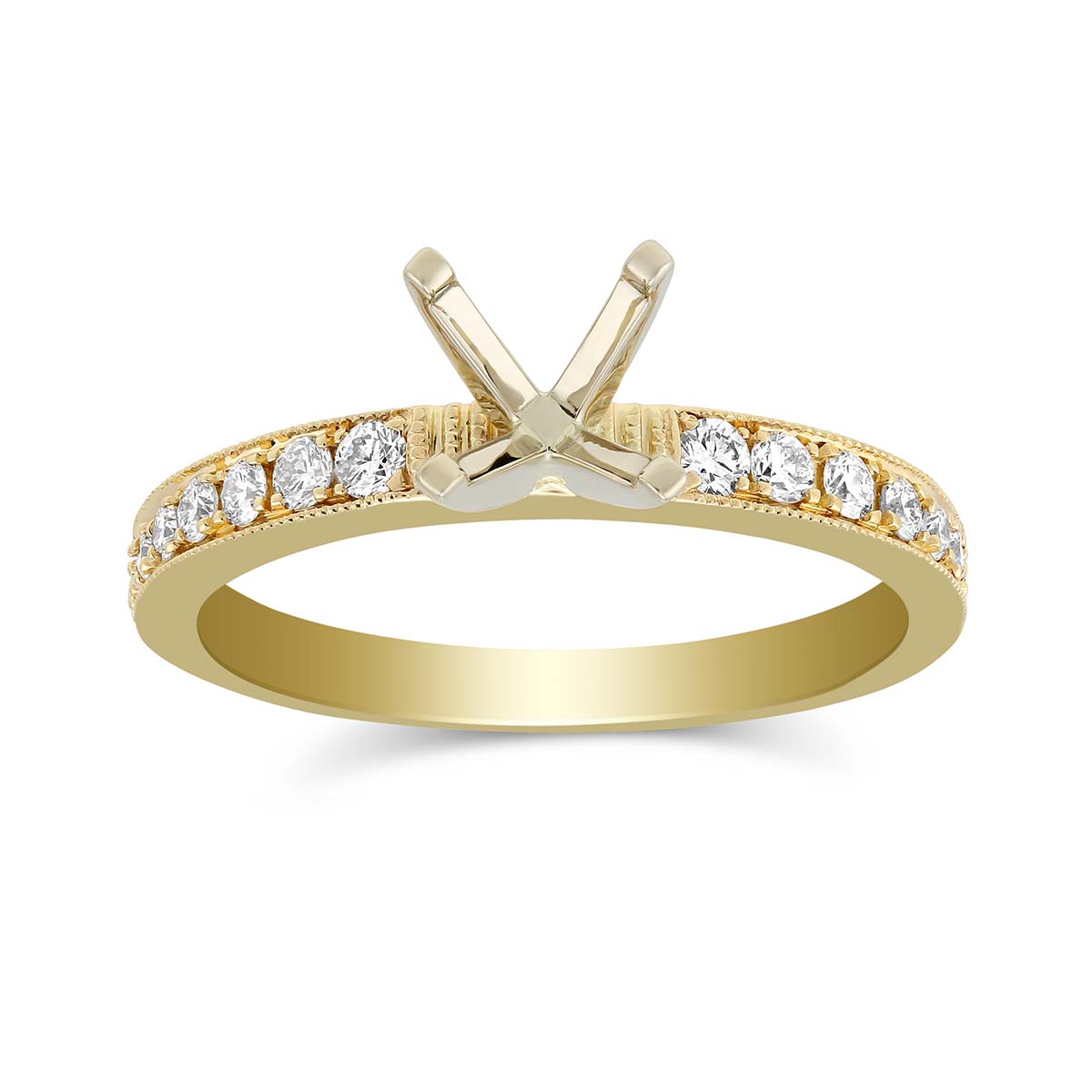 18K Yellow Gold Bead Set Round Diamond Ring Setting