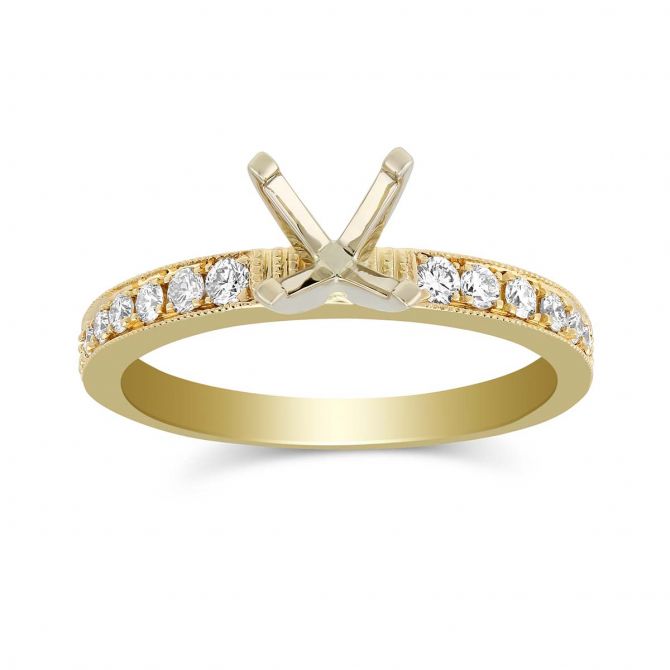 18K Yellow Gold Bead Set Round Diamond Ring Setting