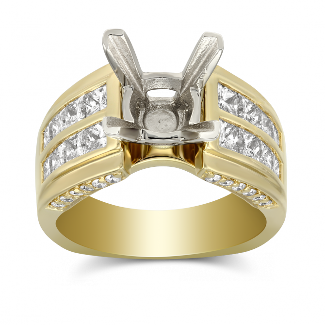 Yellow Gold Channel Set Princess Cut Two Row Diamond Ring Setting