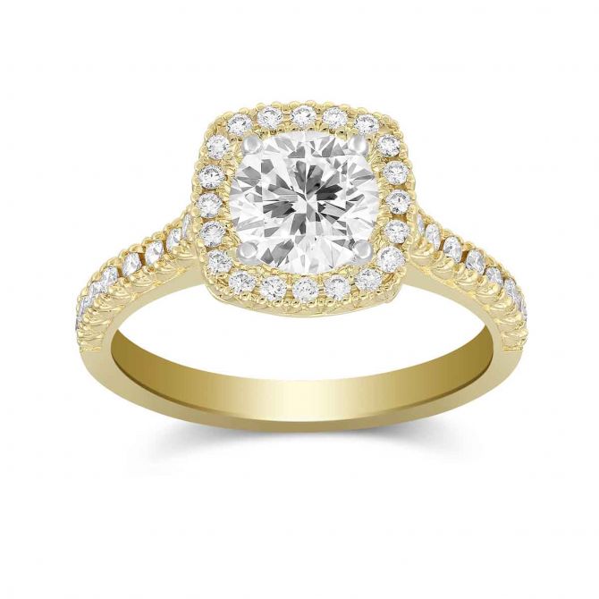 Yellow Gold Prong Set Round Diamond Square Halo Ring Setting